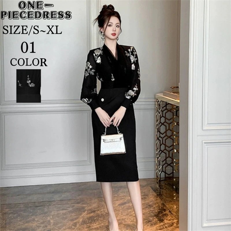 ワンピスドレス　タイトワンピース　切り替え　刺繡花柄　ロング丈ドレス　黒ドレス　パーティードレス　フォーマルドレス　姫系　長袖　バルーン袖　セクシー上品 大人 きれいめ 　結婚式 ドレス 　入学式　入 5,260円