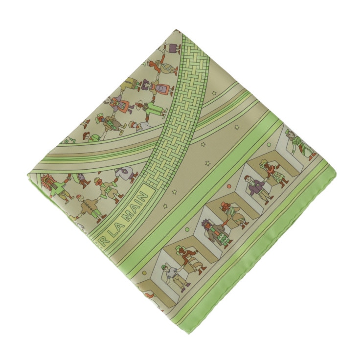 超美品 HERMES エルメス スカーフ - DONNER LA MAIN 手を差しのべる カレ90 シルク グリーン系 マルチカラー 大判 本物保証 中古