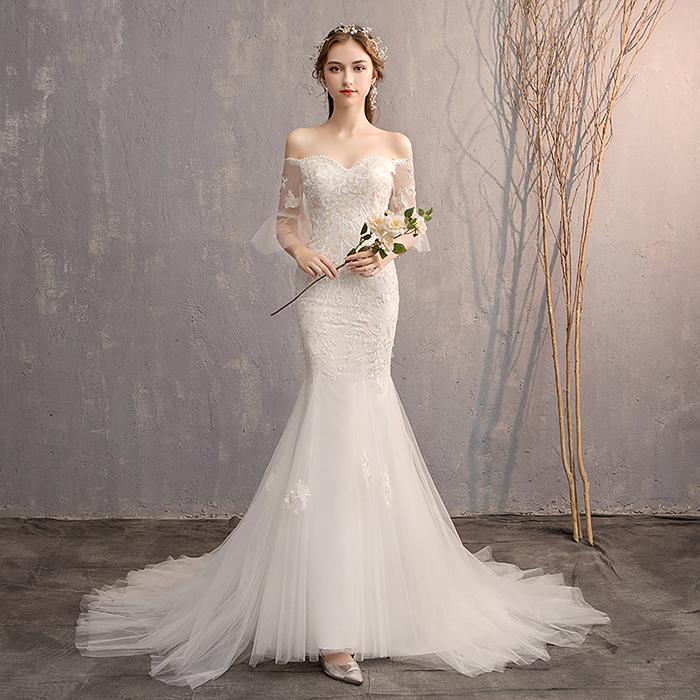 【即日発送】【赤字覚悟】マーメイドドレス ウェディングドレス 袖あり ウエディングドレス 結婚式 ロングドレス 花嫁 マーメイドライン パーティードレス 二次会 ブライダル エンパイア 大きいサイズ小 15,956円