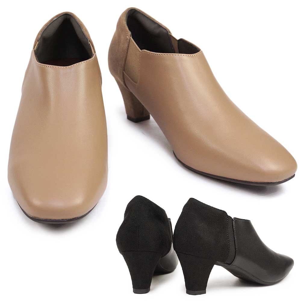 TN5508 ヒール カジュアル シンプル ショートブーツ ブーティ スクエアトゥ コンビ レディース