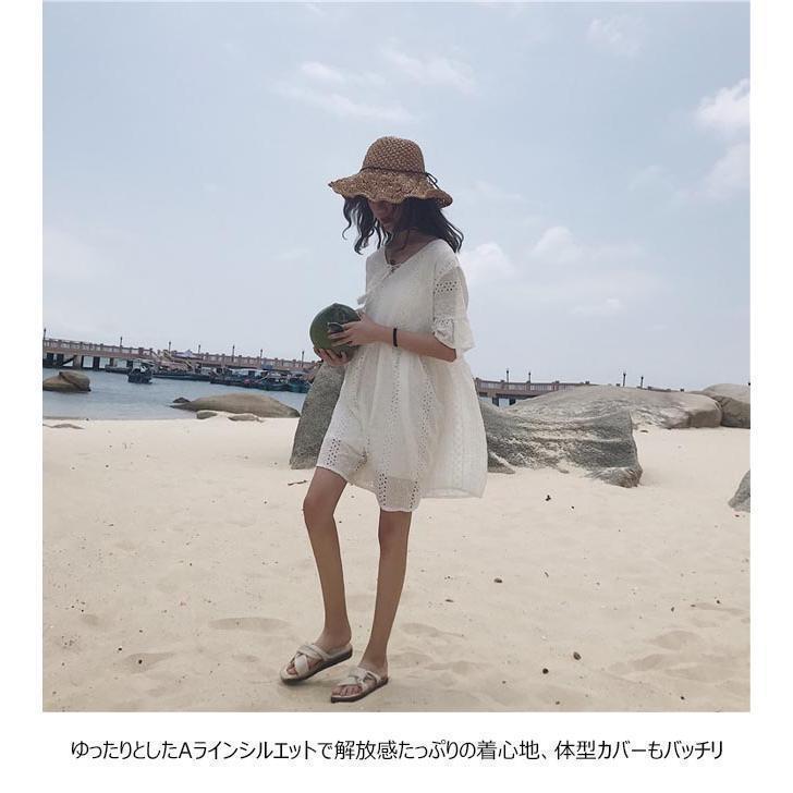 春 夏 レースワンピ 夏 レディース 半袖ワンピース 体型カバー ミニ丈ワンピース Aライン ワンピース Vネック サマーワンピース 白 ショートワンピ