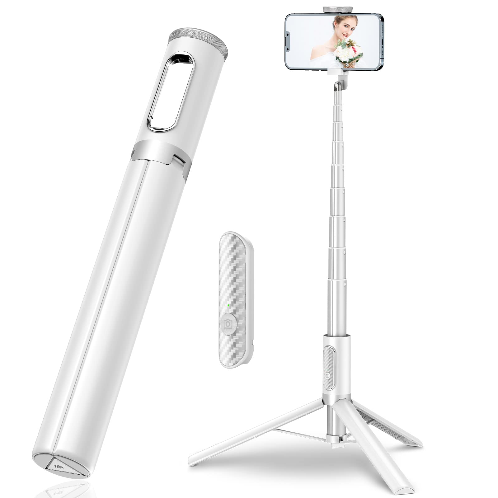 TONEOF 150cm収納一体型スマホ三脚 自撮り棒 セルカ棒 じどりぼう 遠隔リモコン 三脚 150cm以上 コンパクト 軽量 安定 ロング i Phone＆Androidに対応 (白)