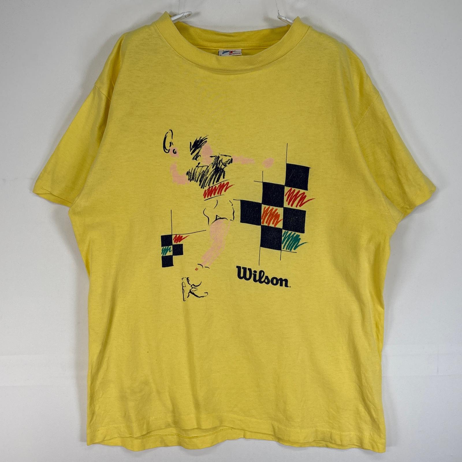 古着 90s/90年代 半袖Tシャツ USA製 シングルステッチ クルーネック テニス L イエロー プリント メンズ