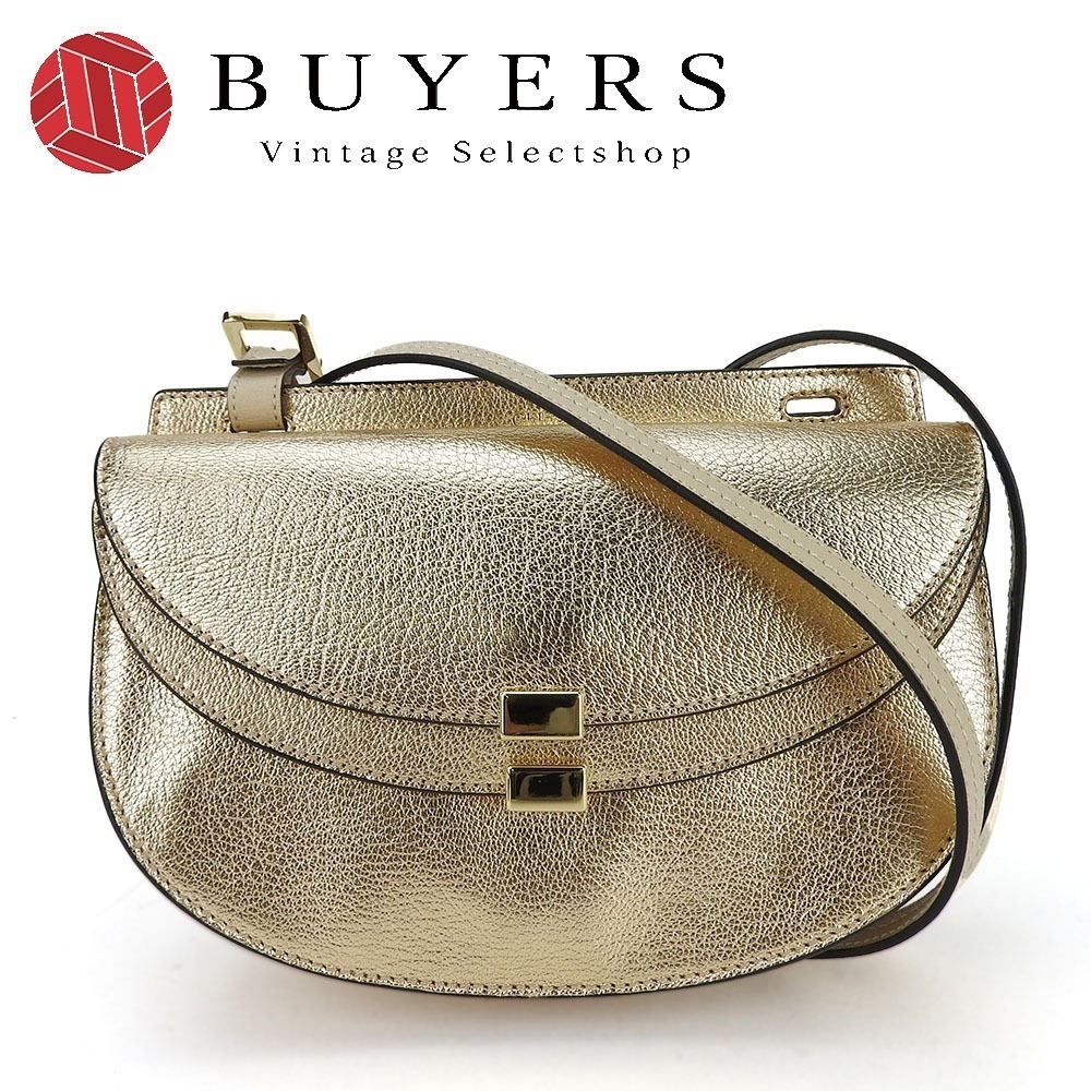 中古 ショルダーバッグ 3S1207-H4X レザー ゴールド ベージュ ゴールド金具 メタリック 斜め掛け レディース 女性