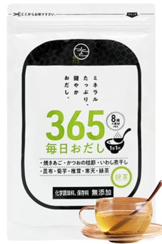 他サイト： mizunoto 飲むお出汁 粉末 365毎日おだし 緑茶入り 無添加 国産 食塩不使用 天然100％ かつお 煮干し 昆布 緑茶 焼きあご 椎茸 寒天 菊芋 [説明書付き]の商品画像