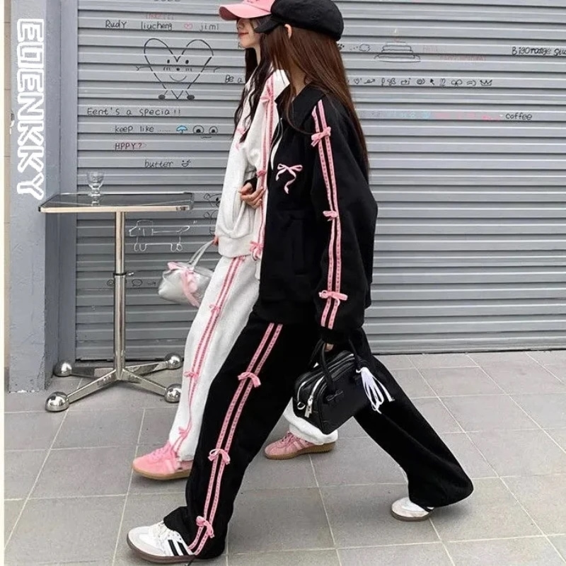 女性用刺pantパンツセット,ジッパー付きラペルジャケット,ワイドレッグパンツ,韓国語,ソフト,y2k,大学スタイル,新品,2個 - 200000345