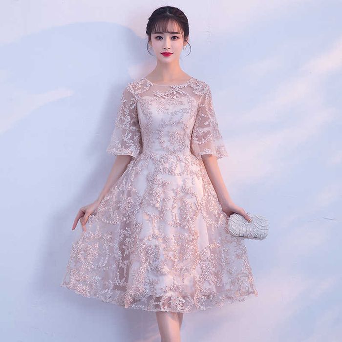 パーティードレス 韓国 ドレス 個性的 ワンピース プチプラ 結婚式 刺繍 フラワーレース フェミニン エアリー シフォン素材 フレアスリーブ 美シルエット チュール 膝丈 袖あり クラシカル 高級感