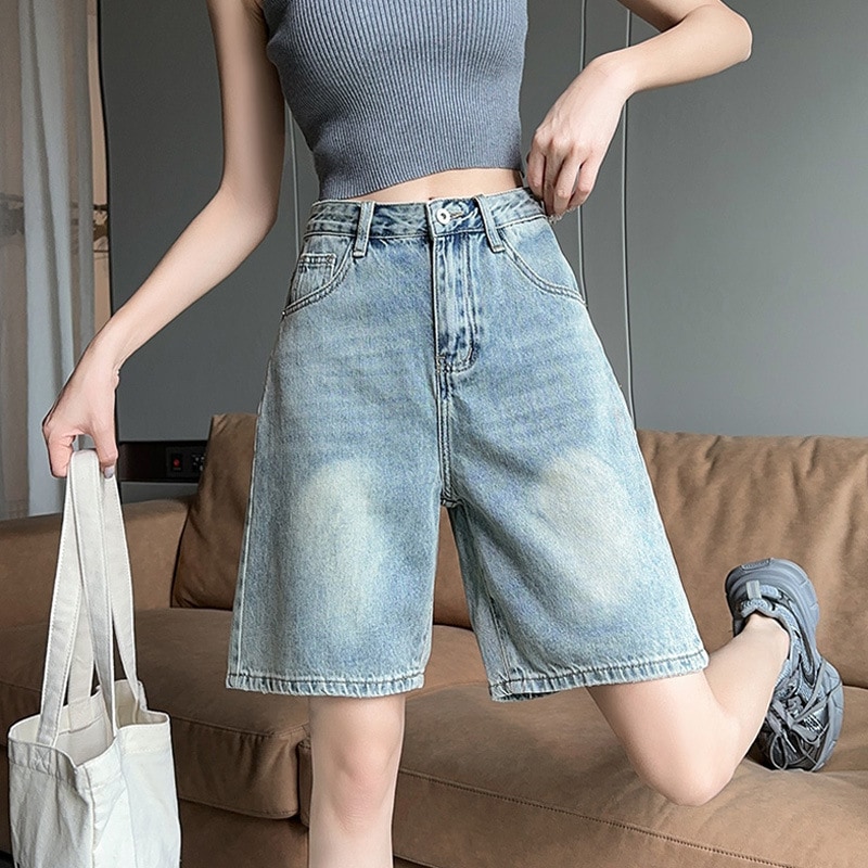 アメリカンレトロ デニムショートパンツ レディース 夏 薄手 2024 ハイウエスト スリム ワイドレッグ 5点パンツ 5点ミディアムパンツ