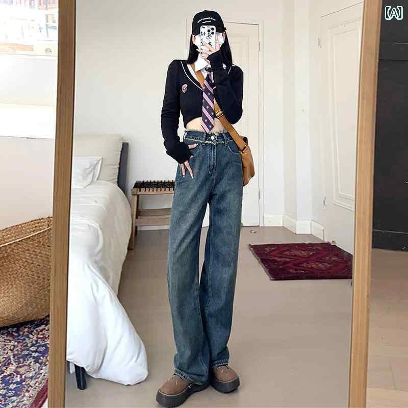 レディース カジュアル パンツ デニム ワイド レッグ ストレート ジーンズ 女性用 秋冬 ハイウエスト ドレープ フロア レングス 冬