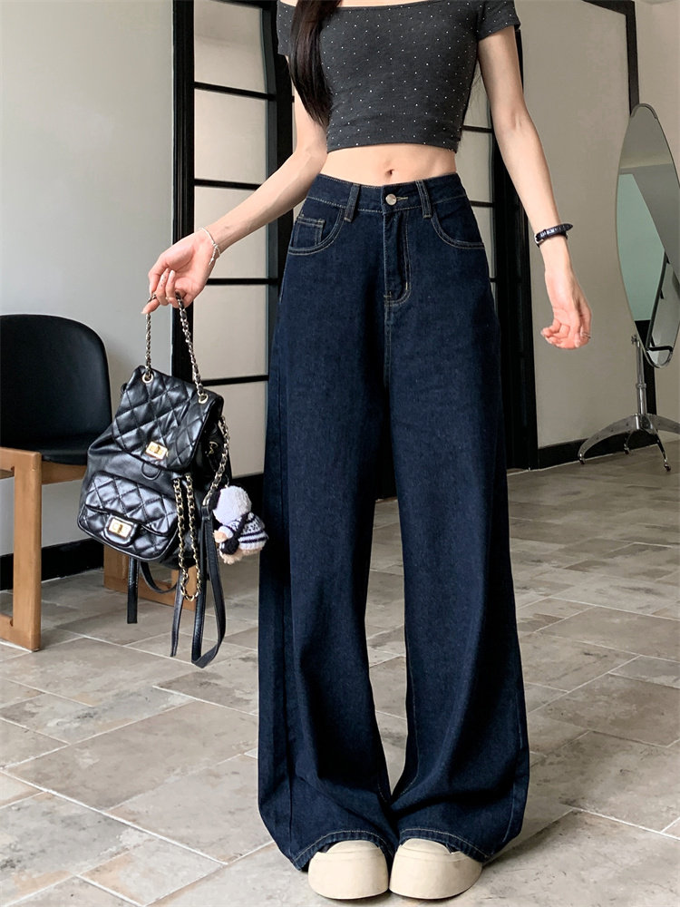 ワイドパンツ ストレートハイウエストゆったり落ち感裾だまりフルレングストールサイズ丈長め選べる着回し 春 ブルー ルーズなシルエットでこなれ感を レディース 加工 デニムパンツ