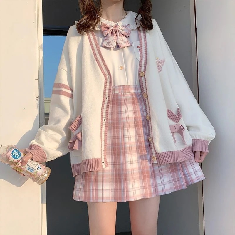 スーツ 涼しく楽ちんセットアップ 韓国 ニットカーディガン＋ ＋ブラウスファ＋リボン本ッションスーツ プリーツスカート 4点セットJK制服