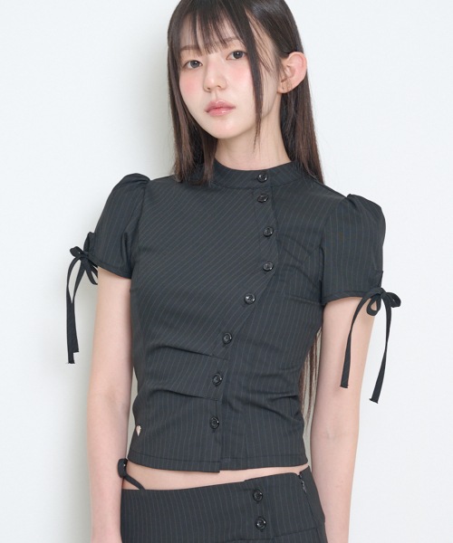 【ILLIGO】 CHINA BUTTON COLLAR TOP BLACK STRIPE 正規品