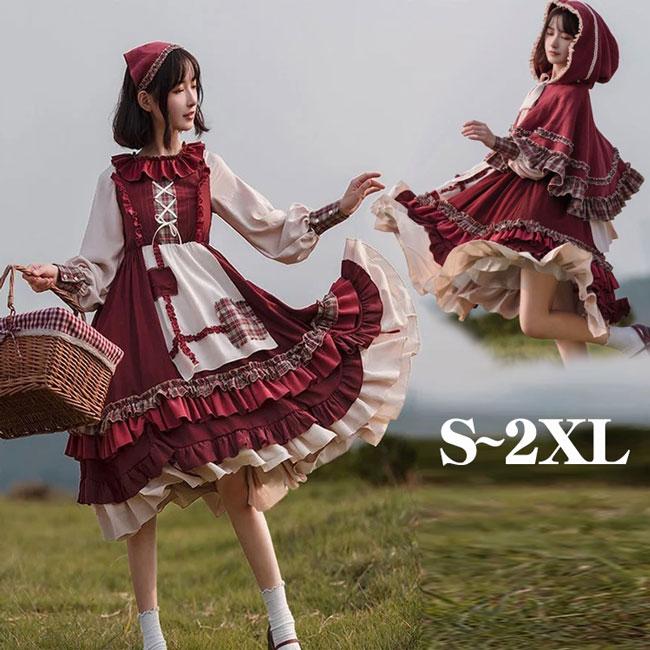 ロリータ ワンピース ゴスロリ Aライン リボン Lolita レディース コスチューム 衣装 かわいい フリル 仮装 パーティ 髪飾り エプロン