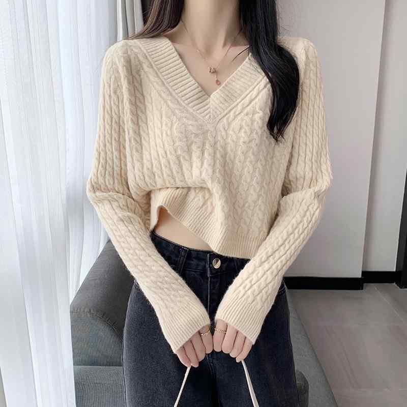 レディース 秋 冬 セーター アウター Vネック ツイスト プルオーバー セーター 小さい ショート トップス