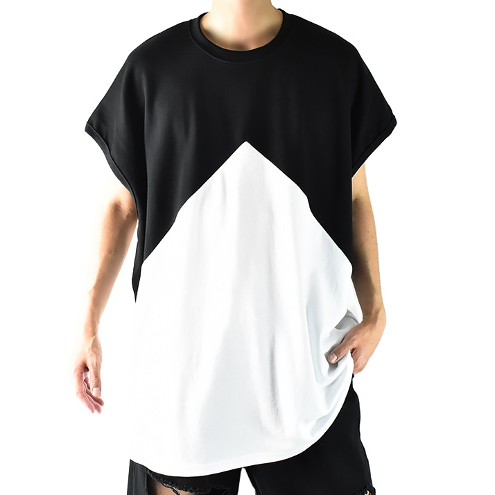 ノースリーブ メンズ おしゃれ 大きいサイズ 珍しい ロング丈 Tシャツ 袖なし タンクトップ ドロップショルダー バイカラー ビッグシルエットTシャツ ビッグTシャツ 無地 韓国 黒 白 オーバーサ
