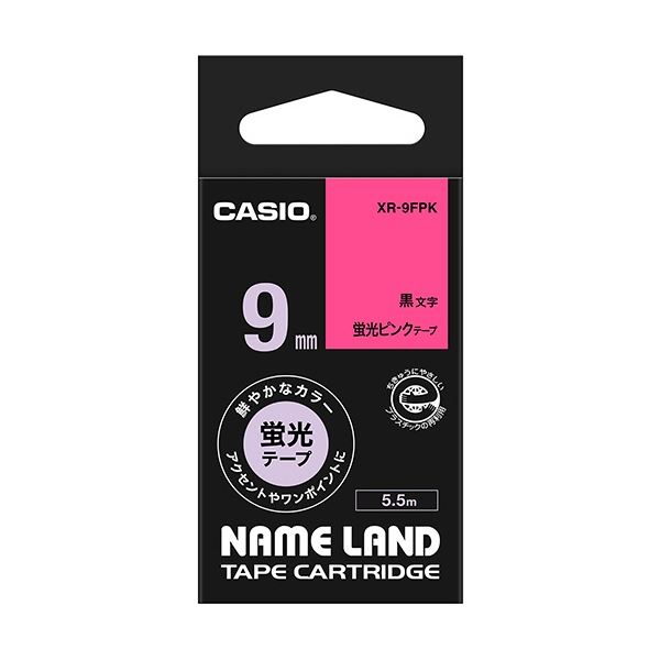 (まとめ) カシオ CASIO ネームランド NAME LAND スタンダードテープ 9mm×5.5m 蛍光ピンク／黒文字 XR-9FPK 1個 (×10セット)