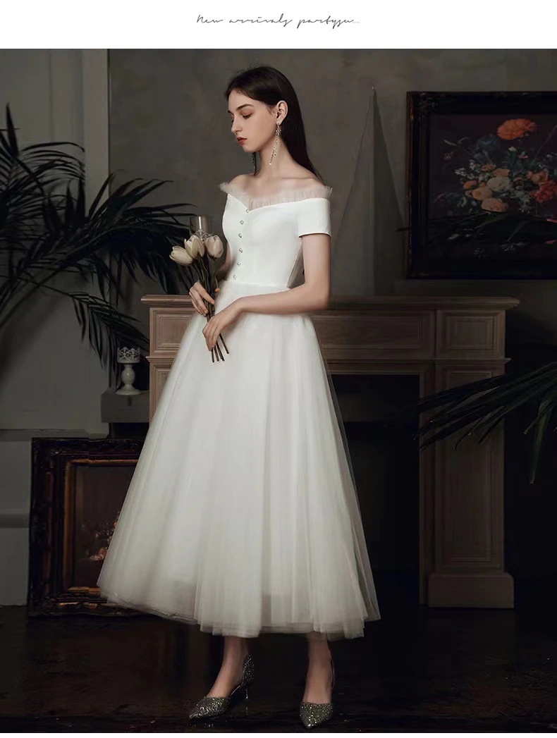 ウェディングドレス ミモレ丈 カラードレス 白 オフショルダー チュールスカート 花嫁 二次会 結婚