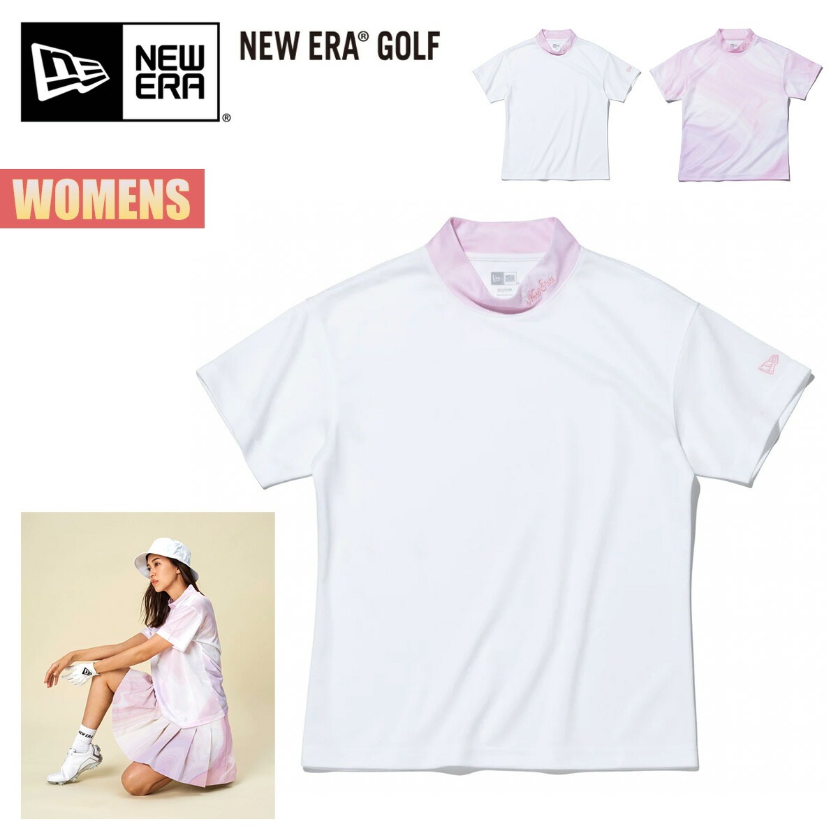 ゴルフ 紺野ゆり レディース Tシャツ GOLF WOMENS 半袖 ミッドネック Tシャツ コラボ 刺繍ロゴ 吸汗 速乾 抗菌 UVカット ワンポイント ゴルフウェア ホワイト ピンク