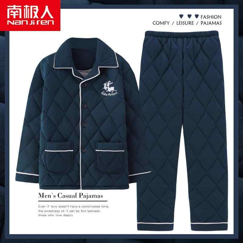 メンズ 秋 冬 パジャマ ナイトウェア ルームウェア 3層 厚手 綿 キルティング 綿 プラス 綿 ホーム 服 暖かい スーツ