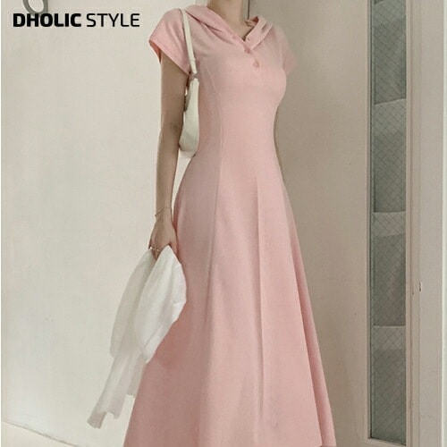 [メガ割りSALE]ボタンフード半袖Aラインワンピース・p676429