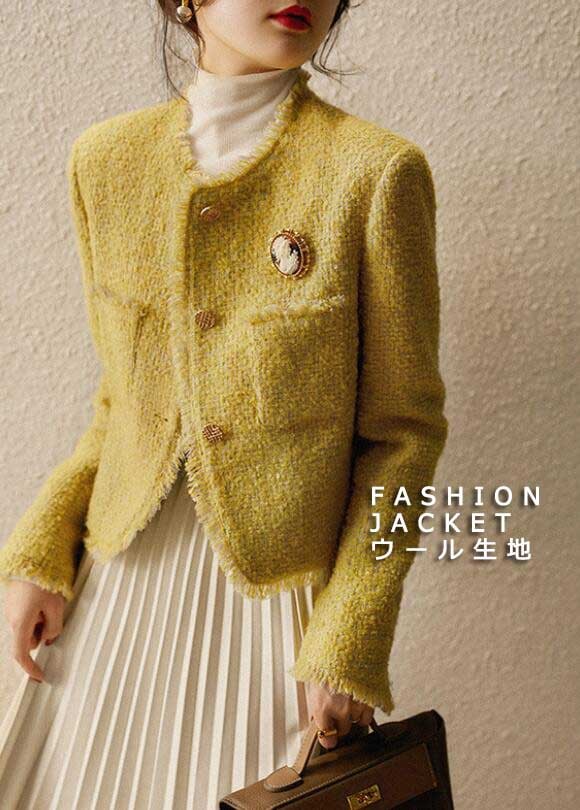 暖かい 冬 新作 イエロー お洒落 小柄 イエロー シングルブレスト ジャケット レディース コート 無地 ウール 生地 高級感 上品 キレイめ ショート丈 フレンジ 20代 30代