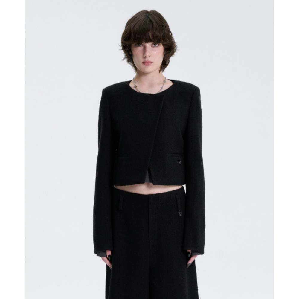 TREEMINGBIRD Crop Tweed Setup Jacket Black TM2579JK004