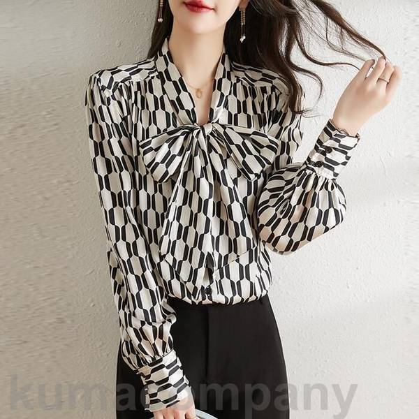 トップス ボウタイ ブラウス シャツ ジオメトリック柄 リボン プリント エレガント レディース きれいめ カジュアル おしゃれ 長袖 大人 可愛い かっこいい フェミニン 通勤 オフィス 体型カバー