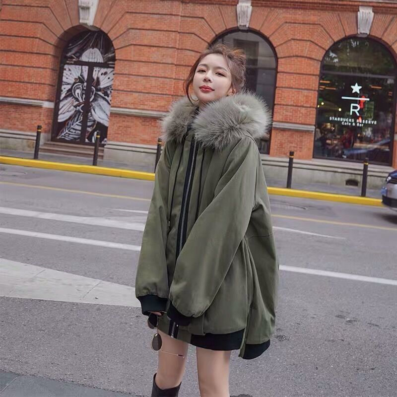 冬 大毛 襟 綿の服 女性 韓国版 ゆったり 中隊 帽子 羽毛 綿入れ服 厚いアウター