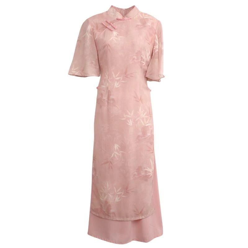 アオザイ チャイナドレス 夏 レディース ワンピース ロング丈 オブリーク ピンク ベージュ グリーン