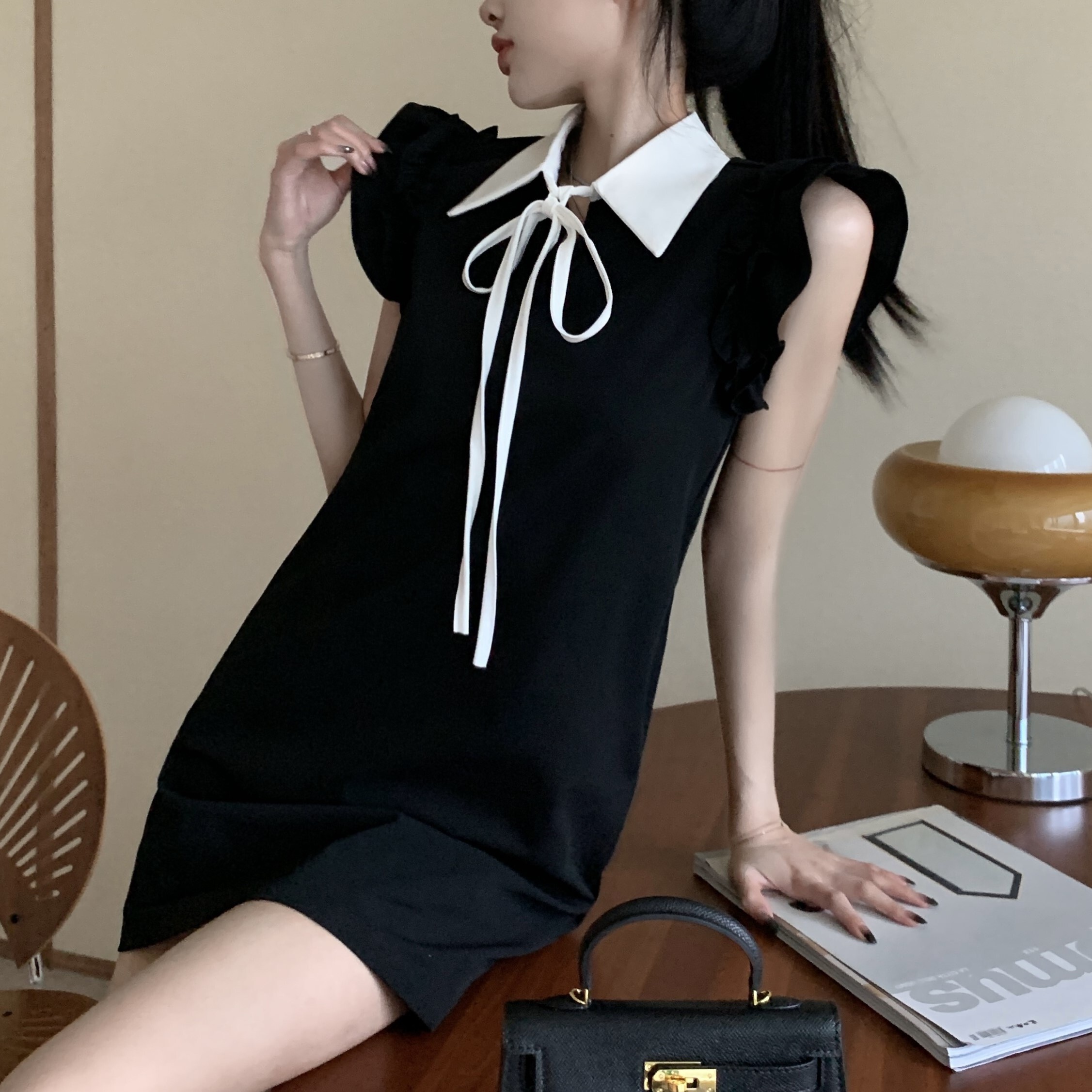 ワンピース 半袖 ショート丈 ショートスカート 膝上丈 ポロカラー フライングスリーブ ドレス ルーズ ハイエンドスカート リボン 襟付き プルオーバー かわいい 大人可愛い きれいめ シンプル