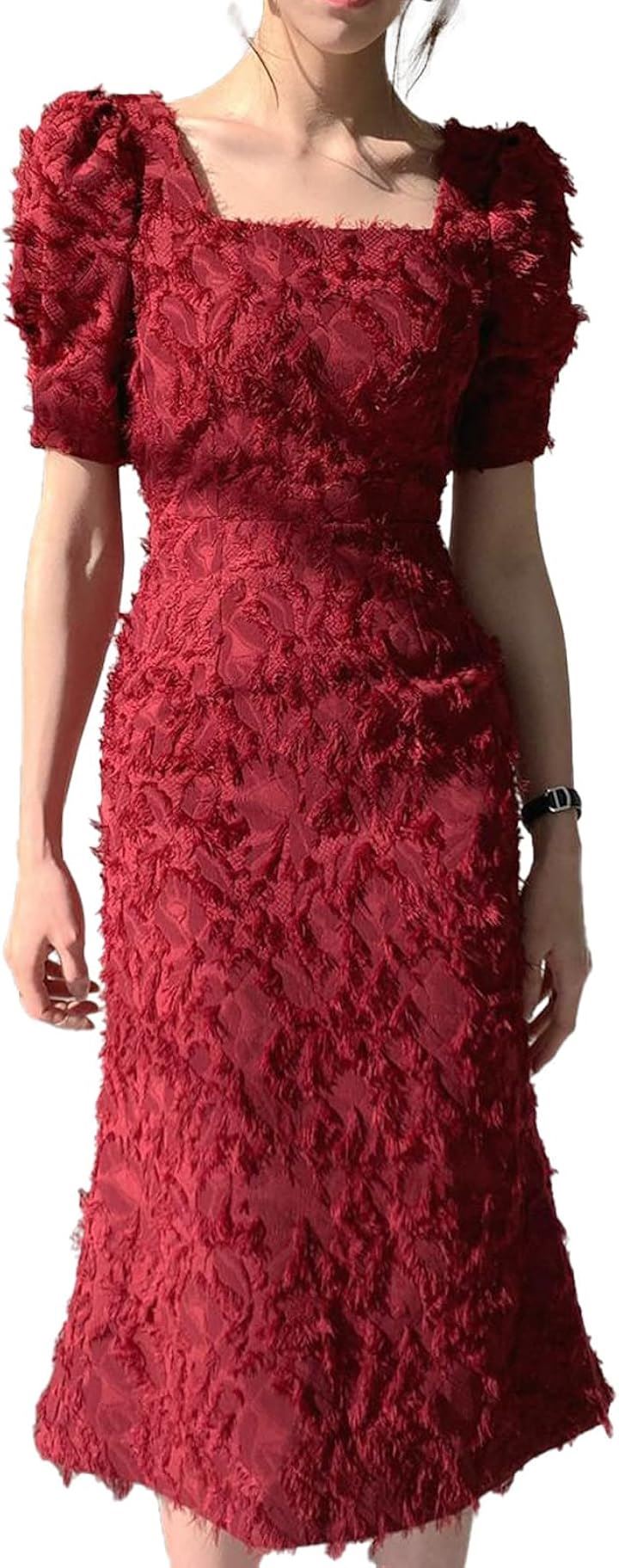 タイトドレス スクエアネック レディース ワンピース フェザードレス パフスリーブワンピース 結婚式 キャバ嬢(レッド, L)