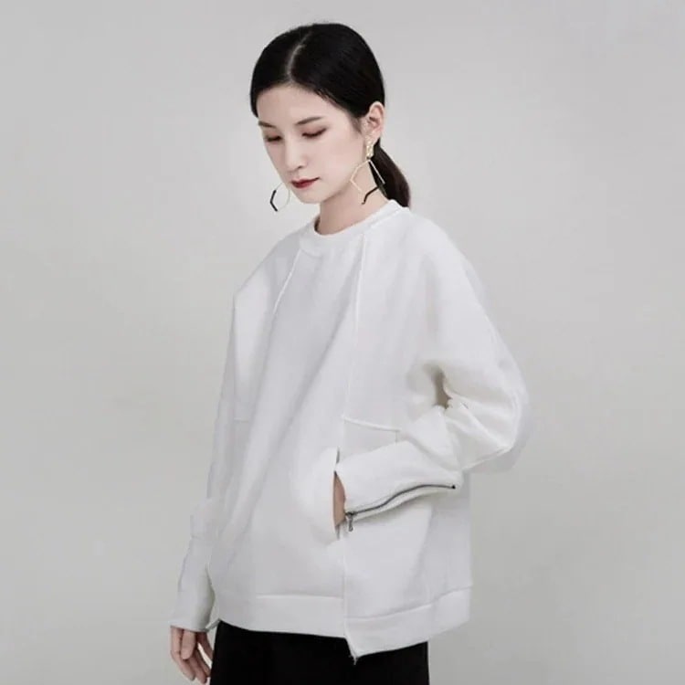 Tシャツカットソー春作無地スウェットゆったりラウンドネックファスナースウェットレディーストップス30%までに制限