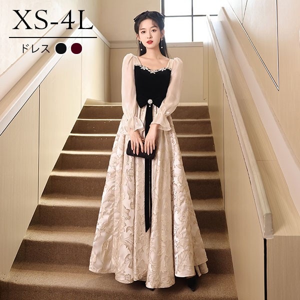 ロングドレス 大きいサイズ 小さいサイズ 袖付き 長袖 演奏会 結婚式 母親 演奏会用ドレス ロング 黒 披露宴 レディース 演奏会ドレス ピアノ発表会 韓国 イブニングドレス パーティードレス ワン