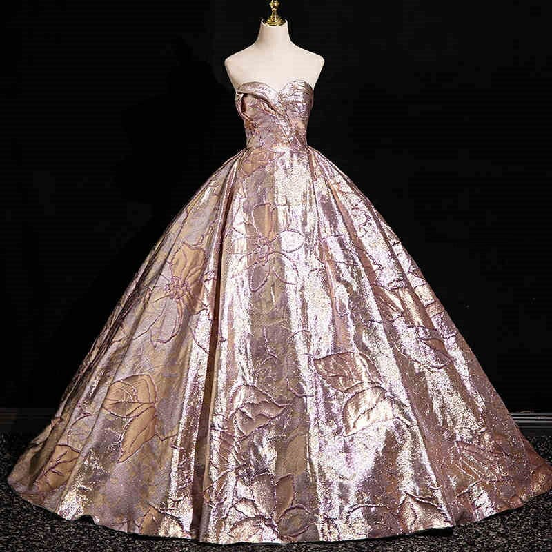 カラードレス ロングドレス パーティードレス ピンクゴールド 華やか ビスチェ ベアトップ 花柄 ウェディングドレス ウエディングドレス 結婚式 二次会 花嫁 前撮り 演奏会 発表会 カクテルドレス