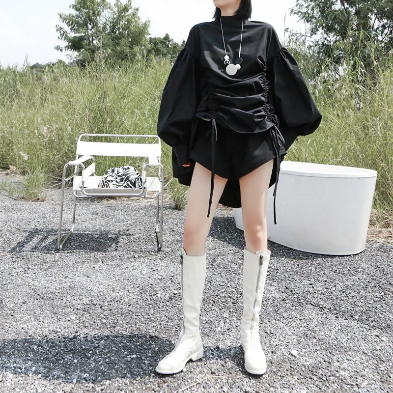 ワンピース春2025新型女性小衆デザイン2着ロープ提灯蓬蓬蓬立襟中長タイプワンピース