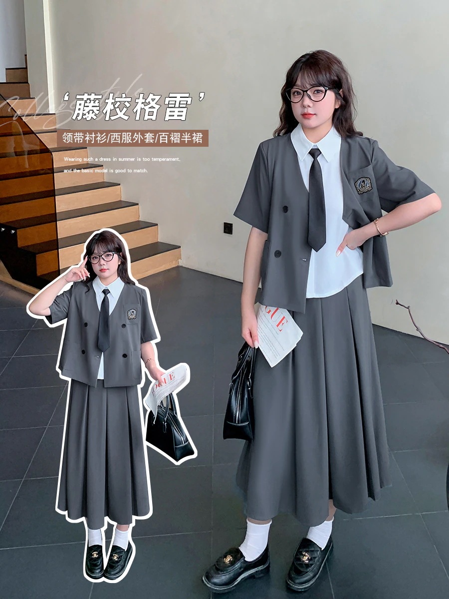 【ぽちゃまに】 夏 学院風 上下セット スーツセット 4セット トップス+スカート+ブラウス+ネクタイ 大きいサイズ 体型カバー レディース セットアップ メガ割30%までに制限