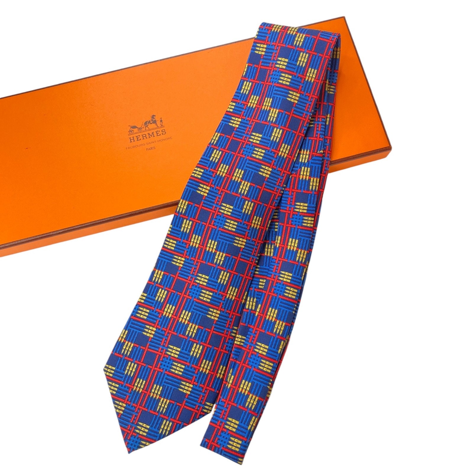 【中古】未使用 エルメス HERMES メンズ チェック柄 ネクタイ シルク 箱付ネクタイ