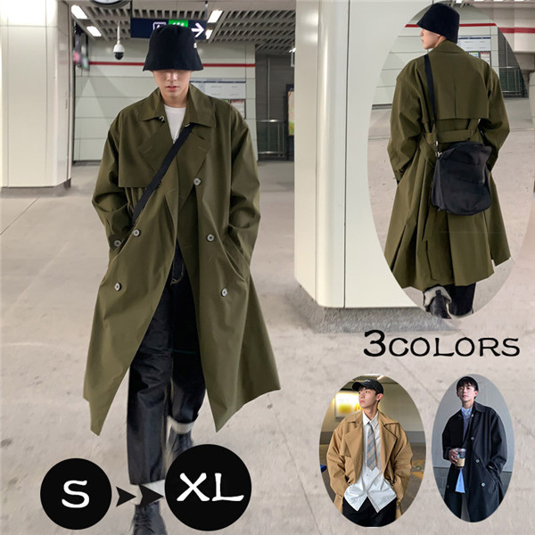 トレンチコート メンズ 韓国風 ジャケット スプリングコート ドロップショルダー 春コート ロング トレンチ コート春 秋 アウター 無地 シンプル カジュアル ビジネス 通勤 就活 S/M/L/XL