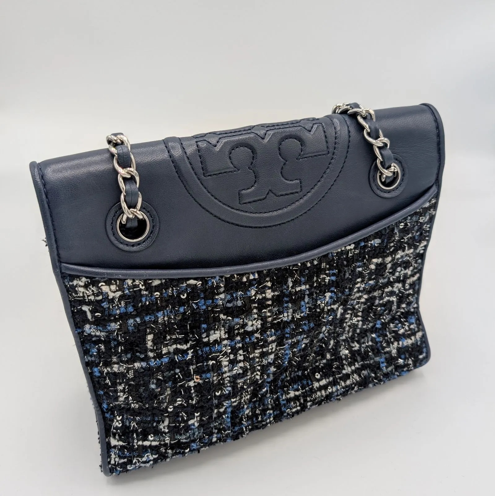 【美品】ツイード チェーンショルダーバッグ 斜めがけ レザー スパンコール ネイビー