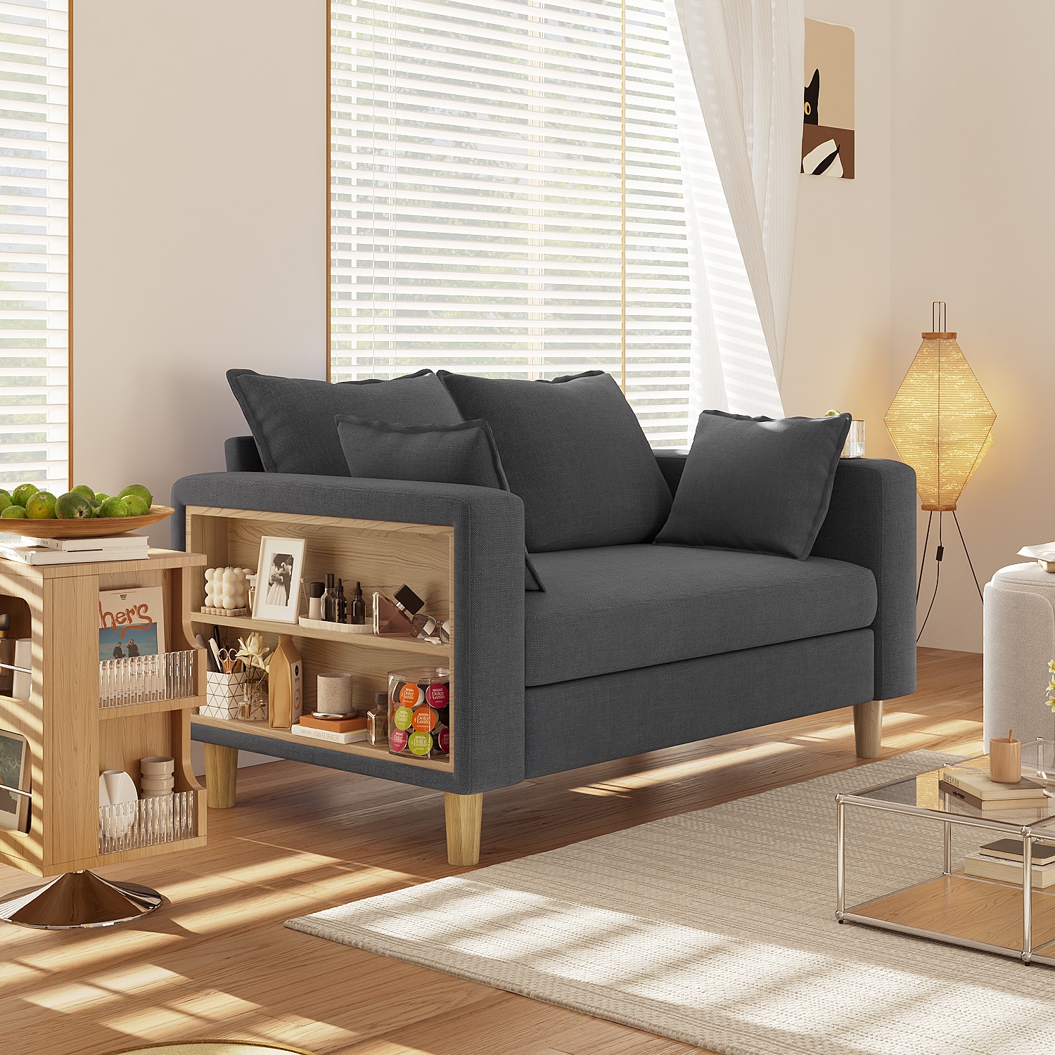 【国内へ発送&送·料·無·料】1156二人掛け 収納ソファー 多機能アームレスト（カップホルダー付） 幅123cm ファブリック 高反発 ソファ 極上座り心地 洗えるカバー 天然木脚 簡単組立 省スペ