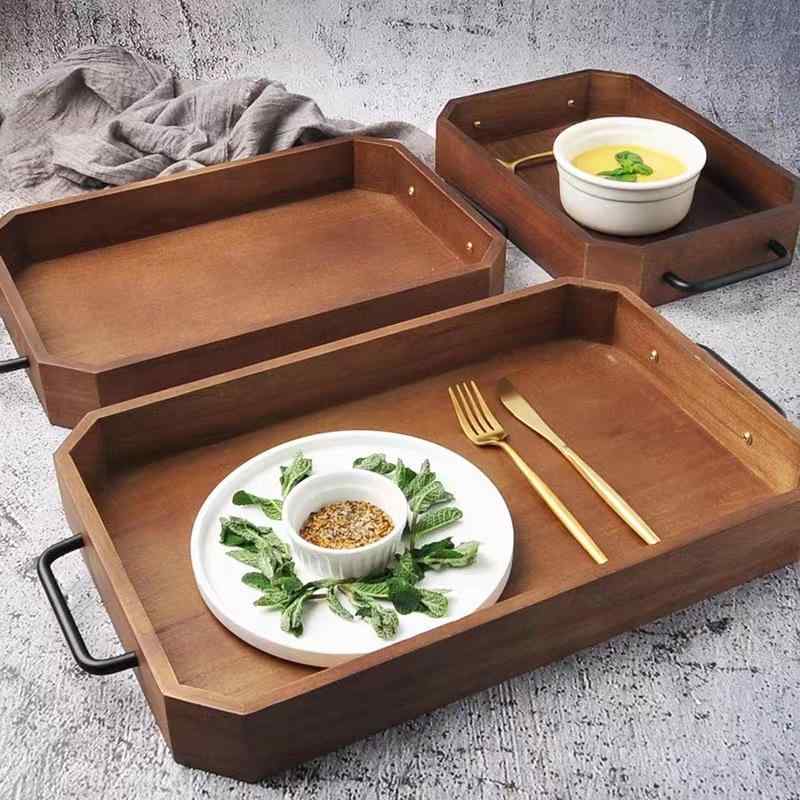 トレイ 無垢材 桐木 アイアンハンドル 長方形 レトロ アンティーク調 モダン シンプル 手磨き 家庭用 カフェ ホテル アフタヌーンティー