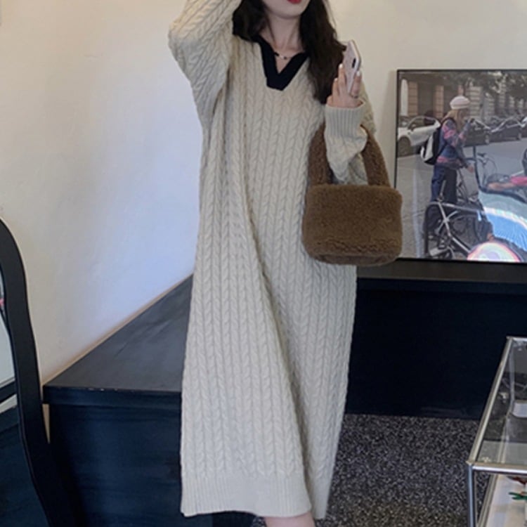 ワンピース ニットソー ニットワンピース ミモレ ミモレ丈 袖あり 長袖 Vネック ストレート かわいい 大人可愛い カジュアル 大人 おしゃれ お洒落 レトロ こなれ感 ラフ ラブリー キュート