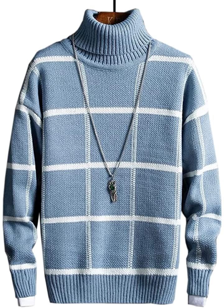 アスペルシオ タートルネック チェック柄 ニットセーター 長袖 トップス メンズ ブルー(アザーブル
