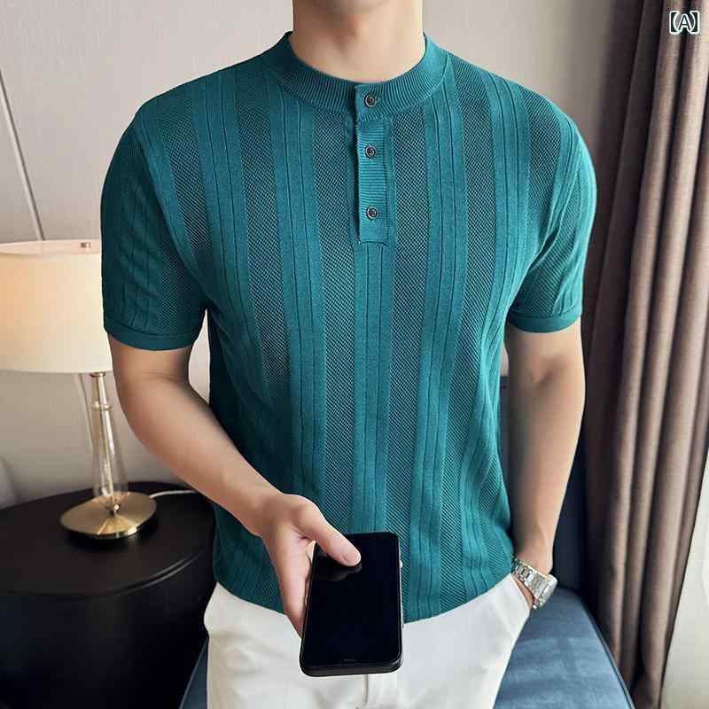 メンズ チャイナ風 スタンドカラー ポロシャツ 半袖 夏 冷感 薄手 ノーカラー ニット T シャツ スリム フィット 男性 ブラック ホワイト グリーン