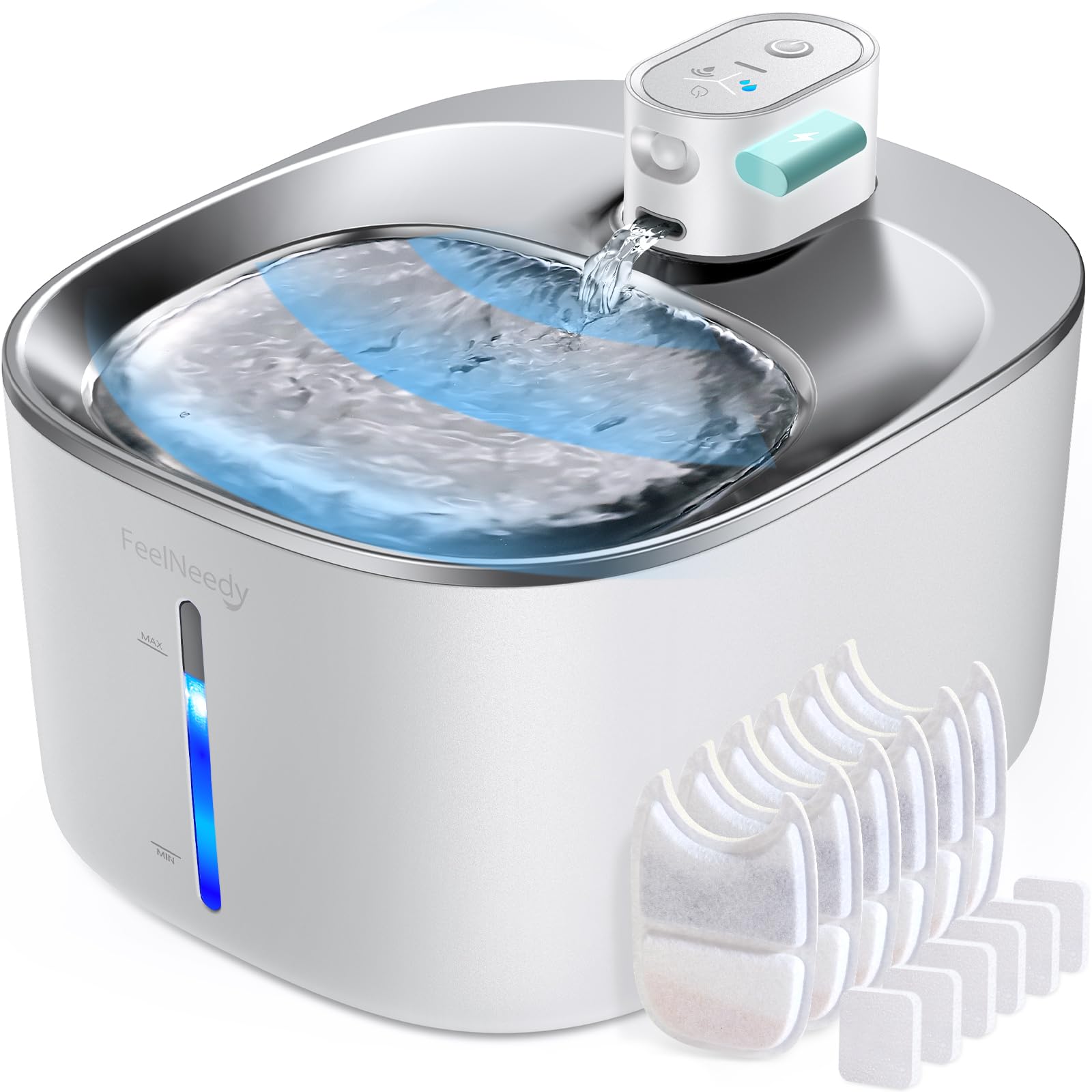 FEELNEEDY 猫 給水器 コードレス 充電式 4L 活性炭フィルター6枚付 スマートペット用循環式自動給水器 センサー 動作検知 3つの給水モード 5重濾過 ワイヤレスポンプ ステンレス製 犬