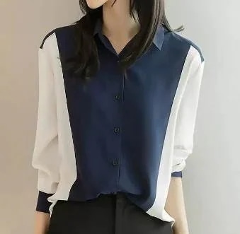 バイカラー トップス シャツ ブラウス 袖あり 長袖 バルーンスリーブ 襟付き ストレート ボタン