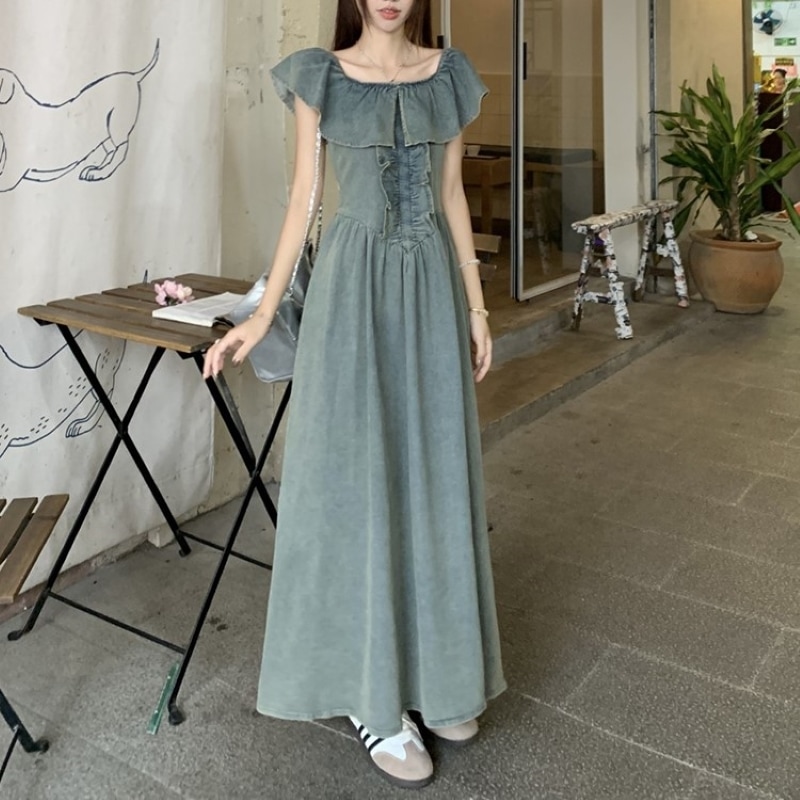 ワンピース デニムワンピース ロング丈 半袖 オフショルダー Aライン ハイウエスト フリル デニム 大人可愛い カジュアル おしゃれ 大人女子 セクシー 無地 春 夏 レディース デート お出かけ