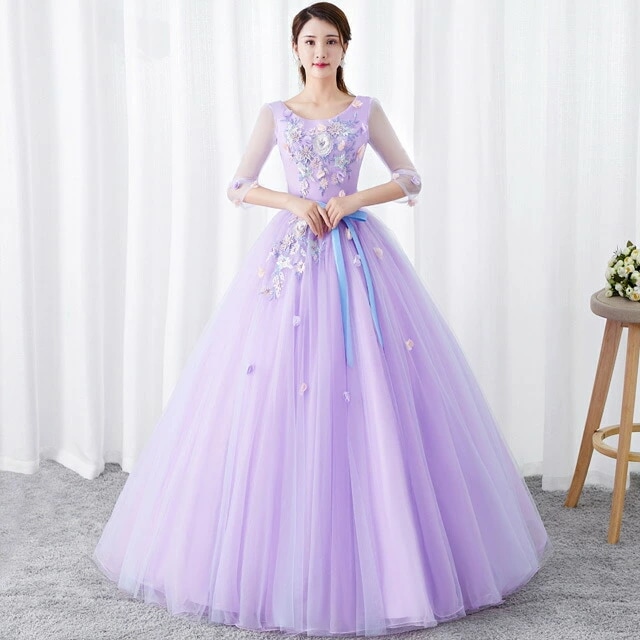 演奏会ドレス ロングドレス パープル イブニングドレス 刺繍花柄 ビーズ オシャレ 発表会ドレス 紫色 Aライン ロング丈 7分袖 結婚式ドレス 二次会ドレス パーティードレス S M L XL XX