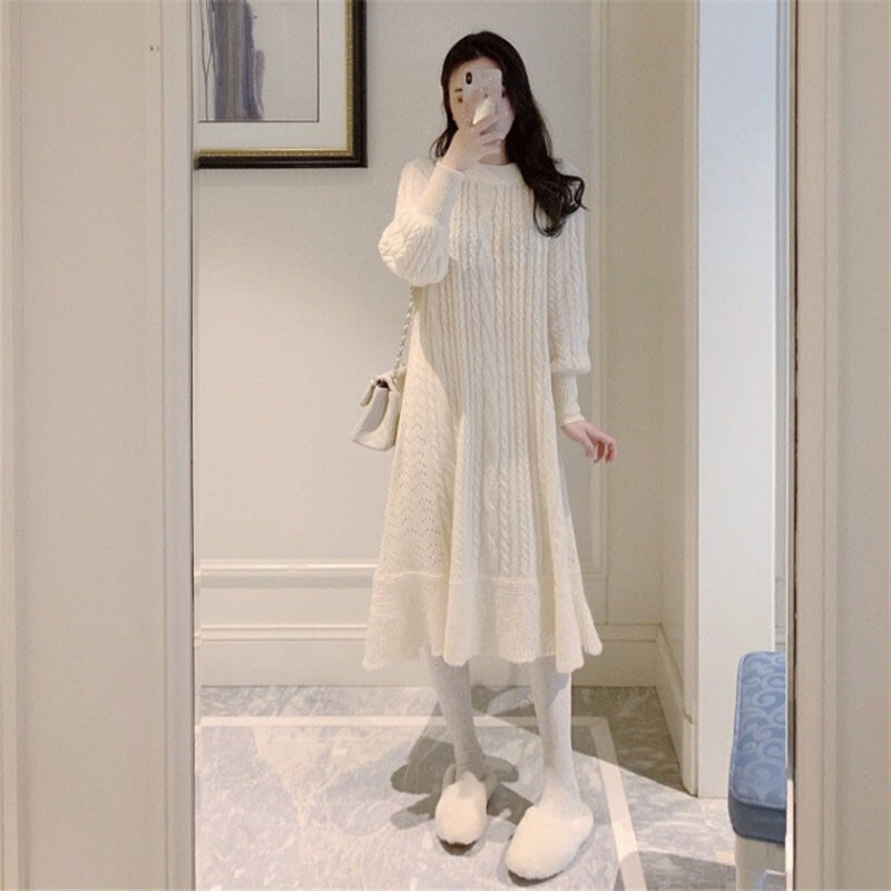 ニットワンピース ワンピース ミディアム丈 袖あり パフスリーブ ラウンドネック Aライン 5,057円