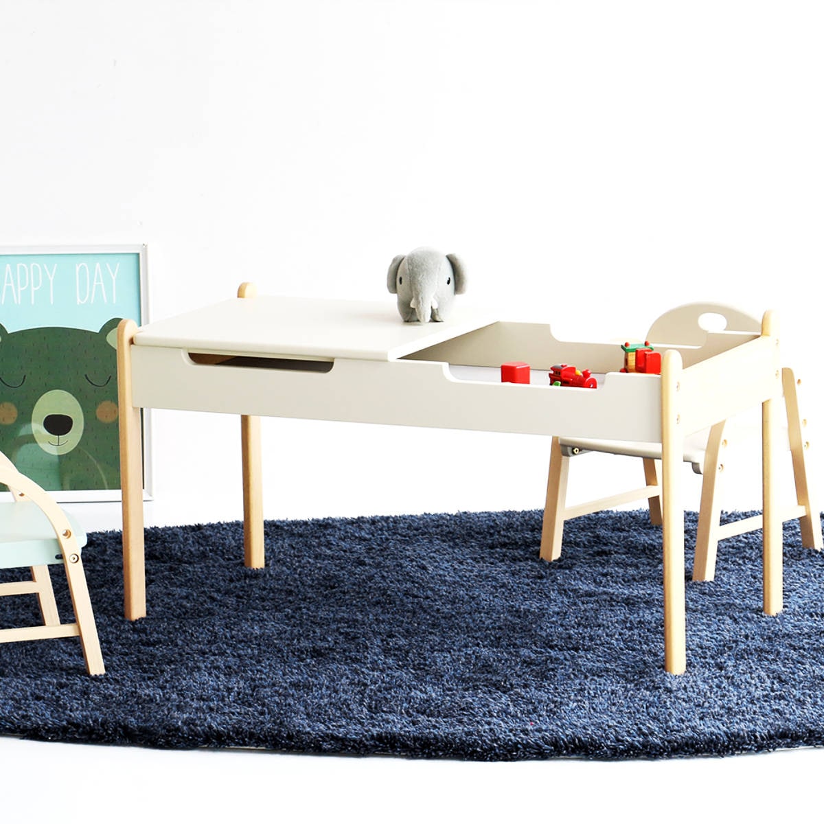 キッズテーブル 幅86.2cm プレイテーブル キッズ テーブル デスク 机 収納付き 子供 子ども リビング学習 木製 天然木 フェルト 静音対策 傷防止 キッズデスク ブロック 積み木